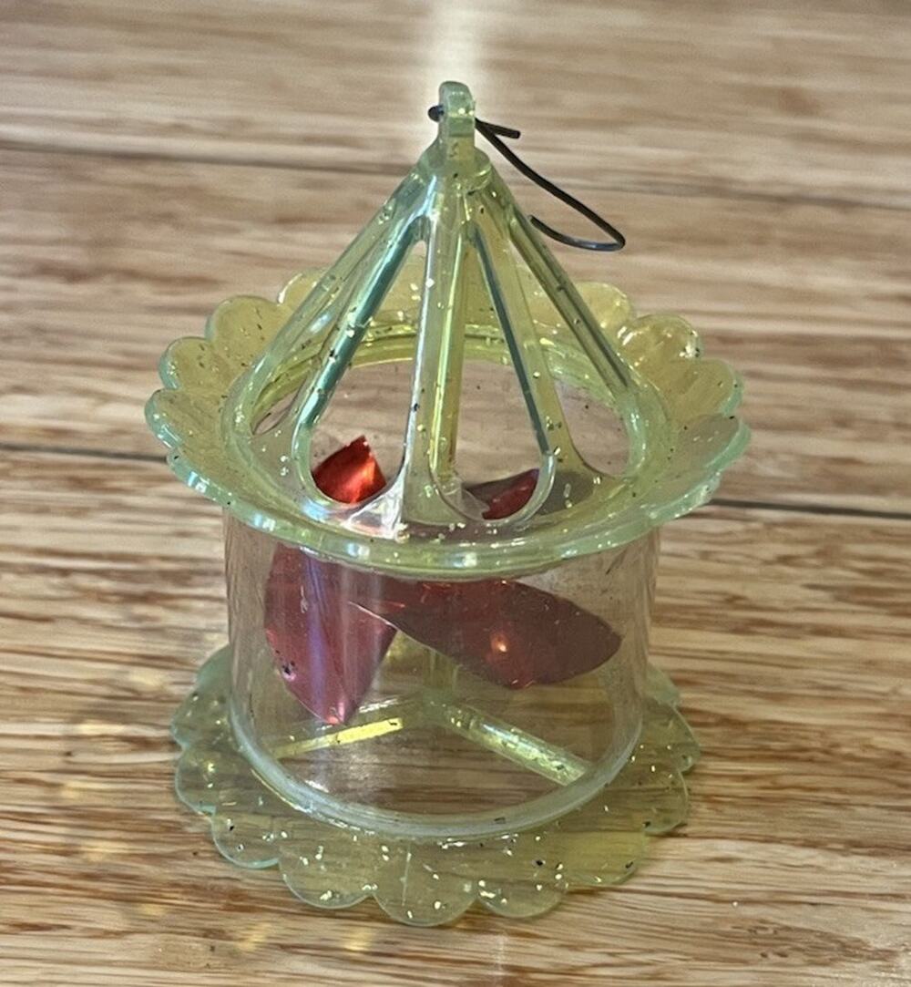 Vintage Birdcage Spinner Twinkler Christmas Tree Ornament Yellow Plastic Glitter